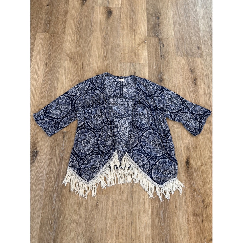 Hollister Kimono Cardigan Womens S Blue Paisley Fringe Boho Open Front Wrap